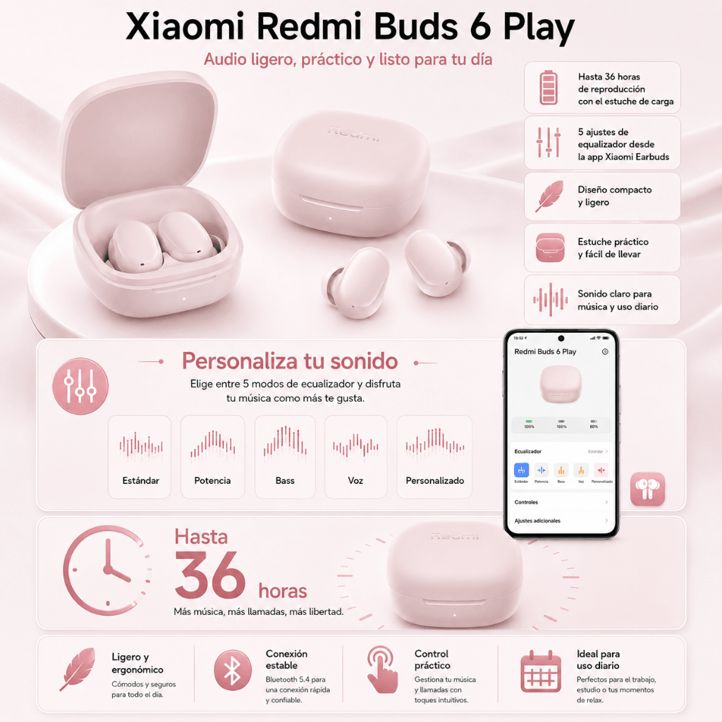 SMARTWATCH FUTUREM DW01 (DORADO) + AUDIFONOS REDMI BUDS 6 PLAY (ROSA) + BOCINA SANAG X6S (ROSA) — imagen 4