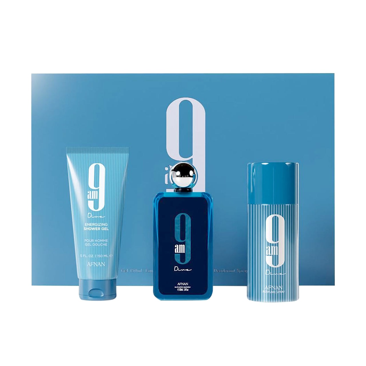 Perfume Arabe Afnan 9AM Dive Set Unisex EDP 100ml + Shower Gel + Deo — imagen 2
