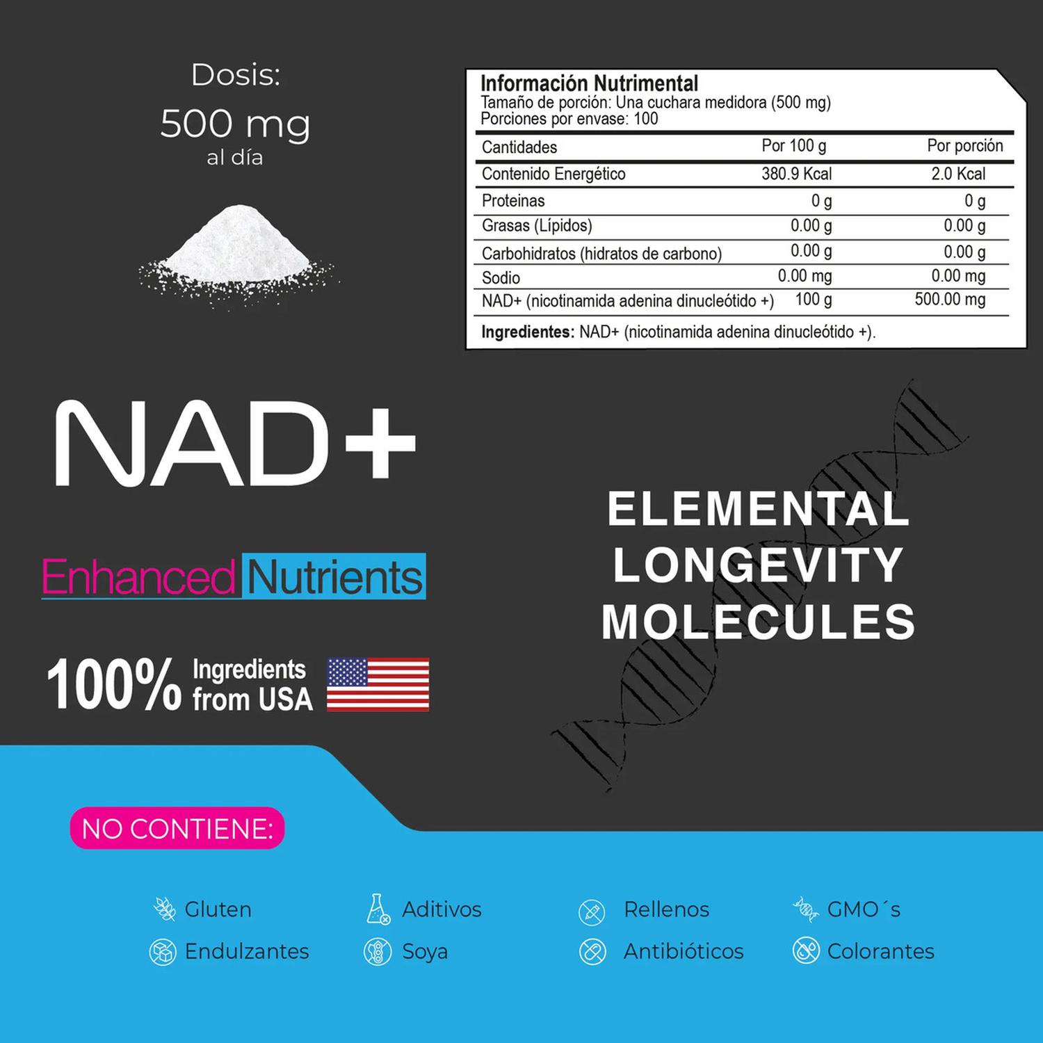 NAD+ Puro en Polvo 500 mg, Energía Mitocondrial, Sirtuinas y Longevidad Celular, 100 Porciones — imagen 2