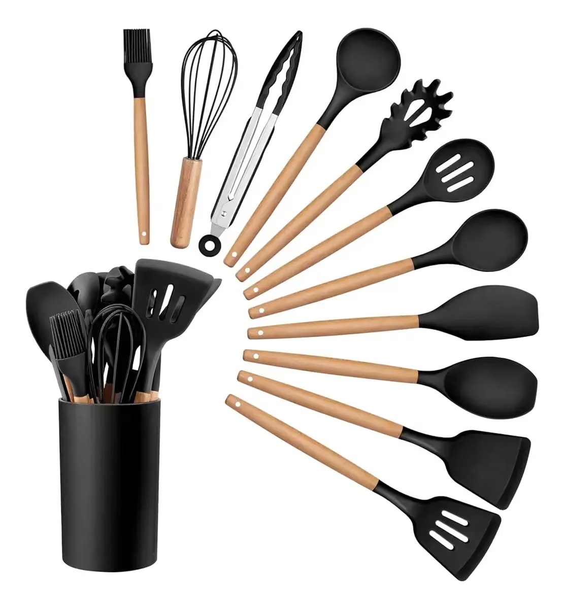Set de Utensilios de Cocina de Silicón con Mango de Madera y Organizador — imagen 6