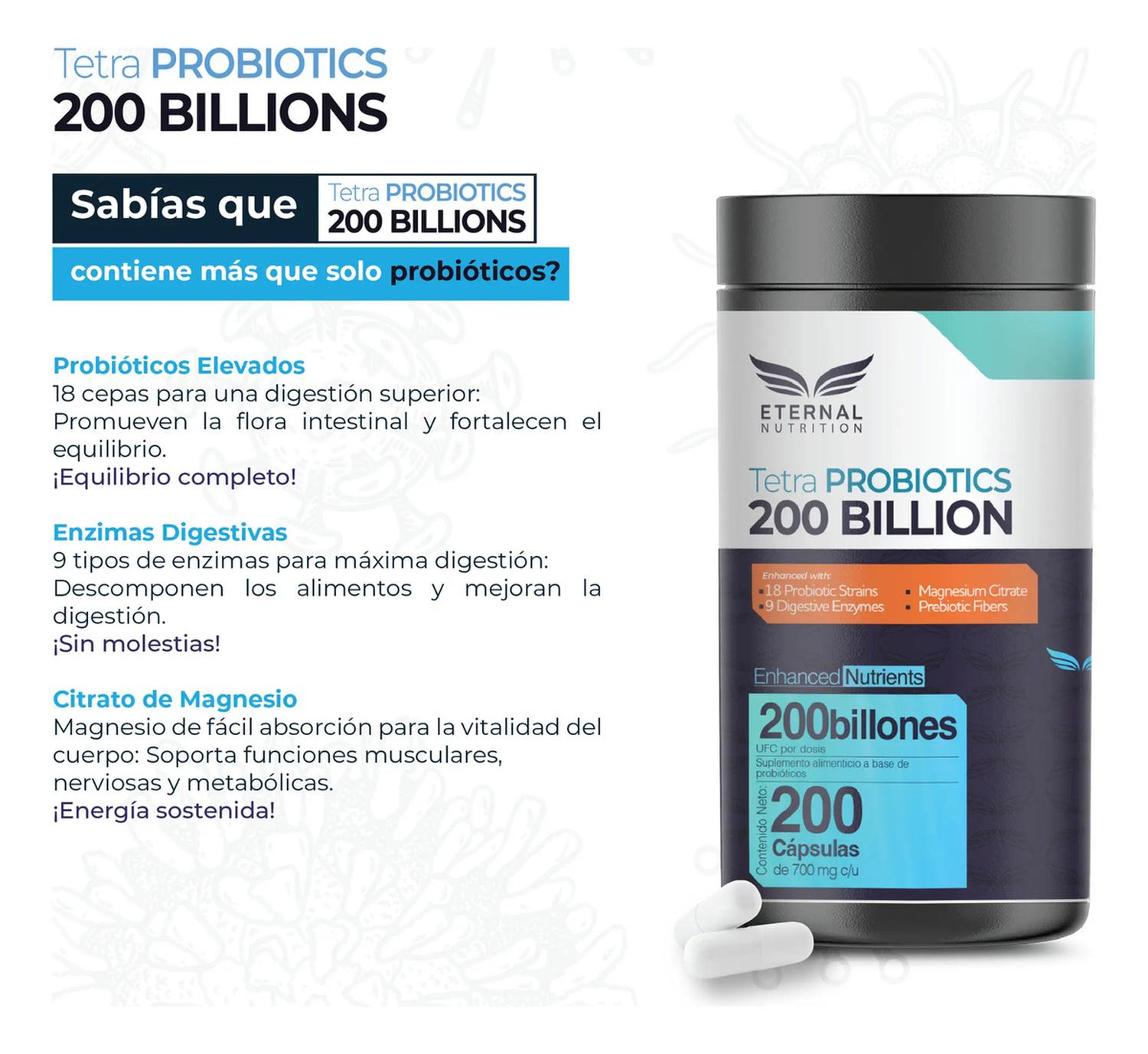 Tetra Probióticos 200 Billones UFC, Fibras Prebióticas + Enzimas Digestivas + Inulina, 200 Cápsulas — imagen 5