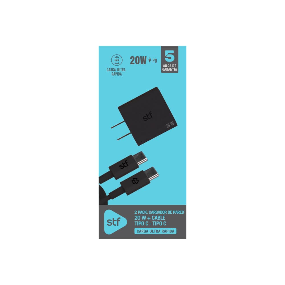 2 Pack STF: Cargador de pared 20W + Cable USB-C a USB-C 60W, Carga ultra rápida — imagen 5