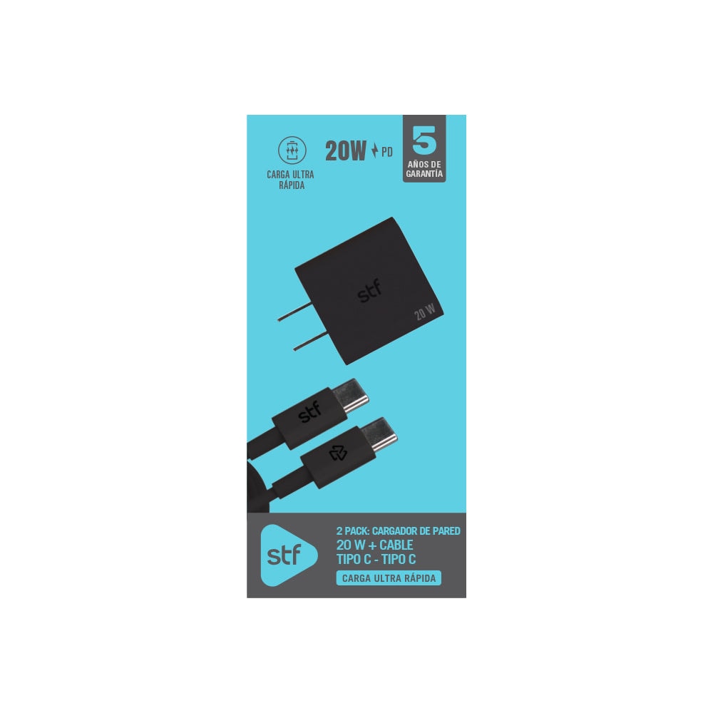 2 Pack STF: Cargador de pared 20W + Cable USB-C a USB-C 60W, Carga ultra rápida — imagen 5