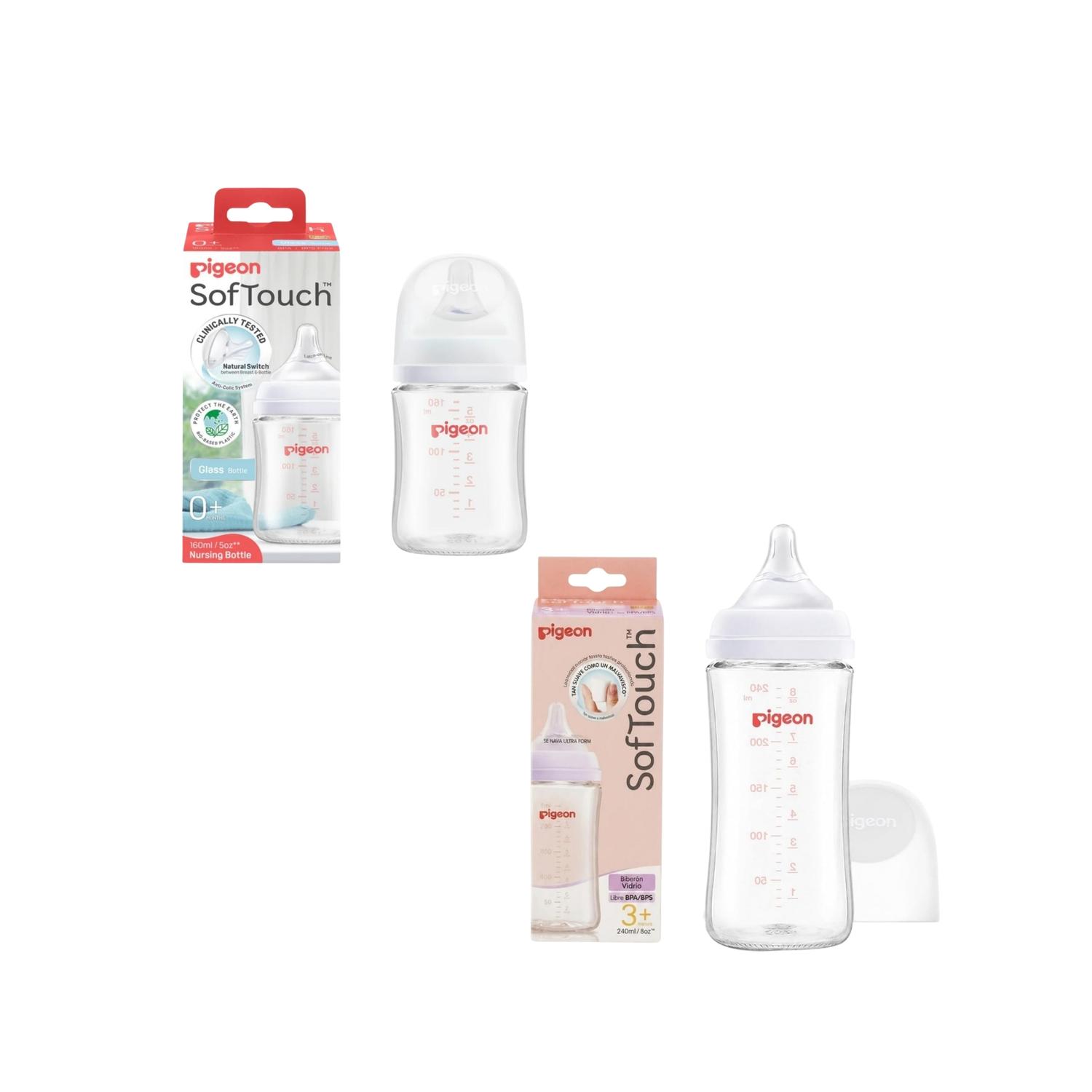 Combo Biberon Pigeon 160ml y 240ml Vidrio Softouch Anticolic — imagen 2