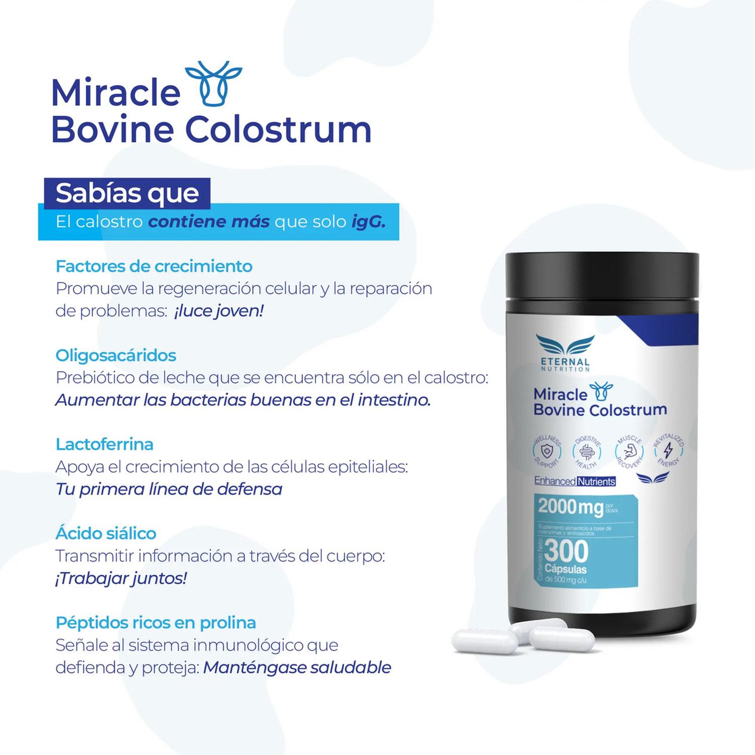 Miracle: Calostro Bovino 50% IgG, Inmunoglobulinas y Factores de Crecimiento, 300 Cápsulas — imagen 2