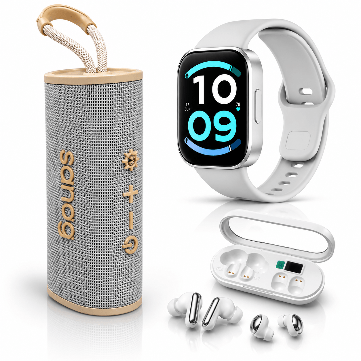 SMARTWATCH XIAOMI REDMI WATCH 6 ACTIVE (PLATA) + BOCINA SANAG M15 (BEIGE) + AUDIFONOS HH MORE T-55 (PLATA) — imagen 2