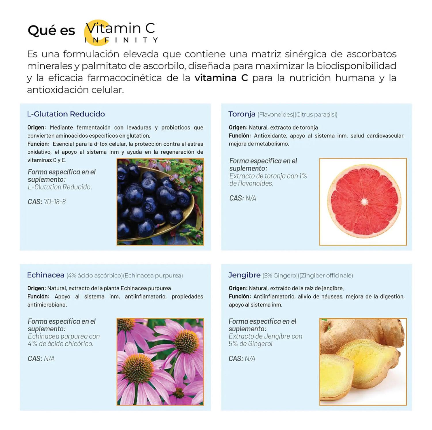 Infinity: Vitamina C + L-Glutatión, Zinc + Flavonoides, para Síntesis de Colágeno, 200 Cápsulas — imagen 4