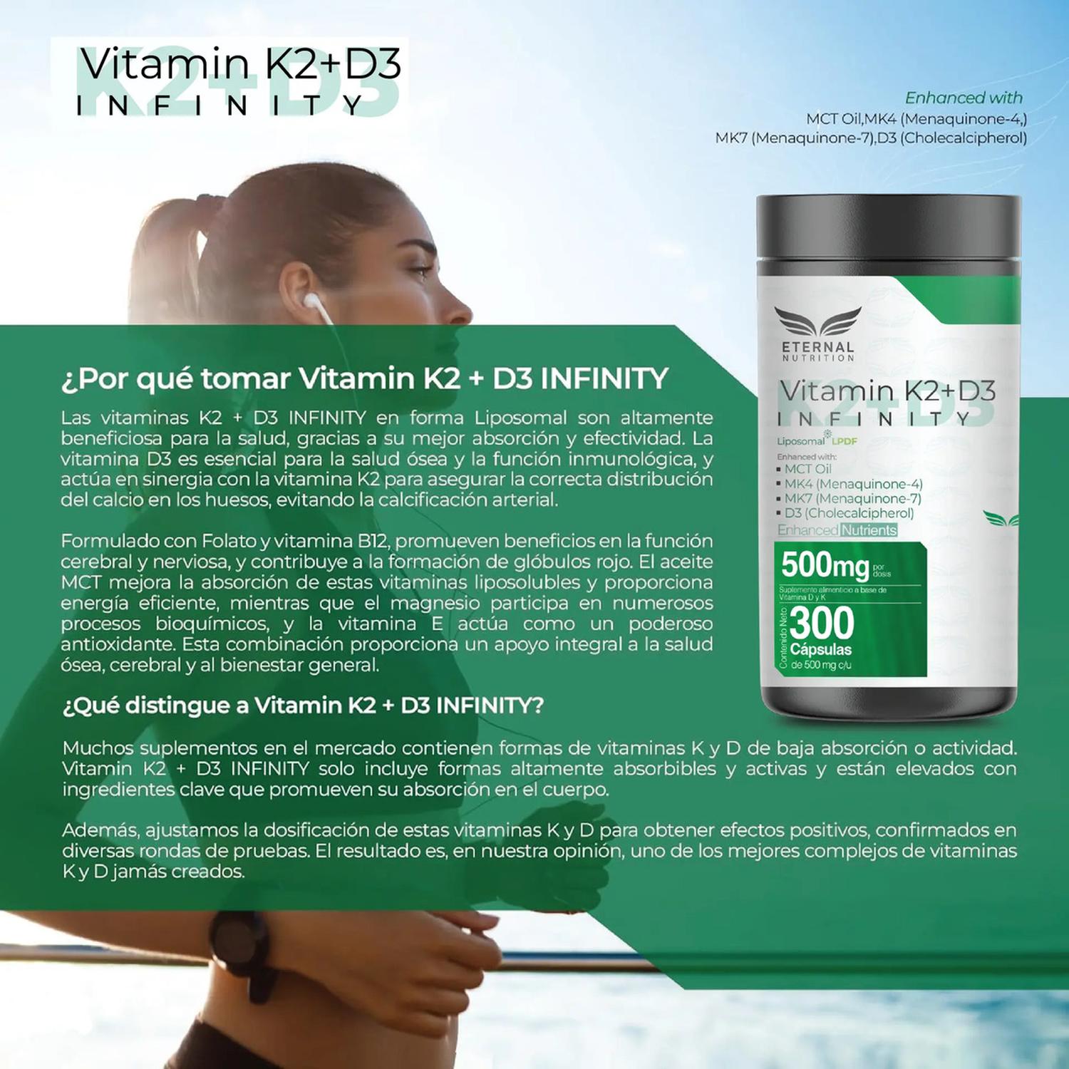 Infinity: Vitamina D3 + K2 Liposomal, K2 MK4+MK7 + D3 + MCT + Folato, para Salud Ósea, 300 Cápsulas — imagen 8
