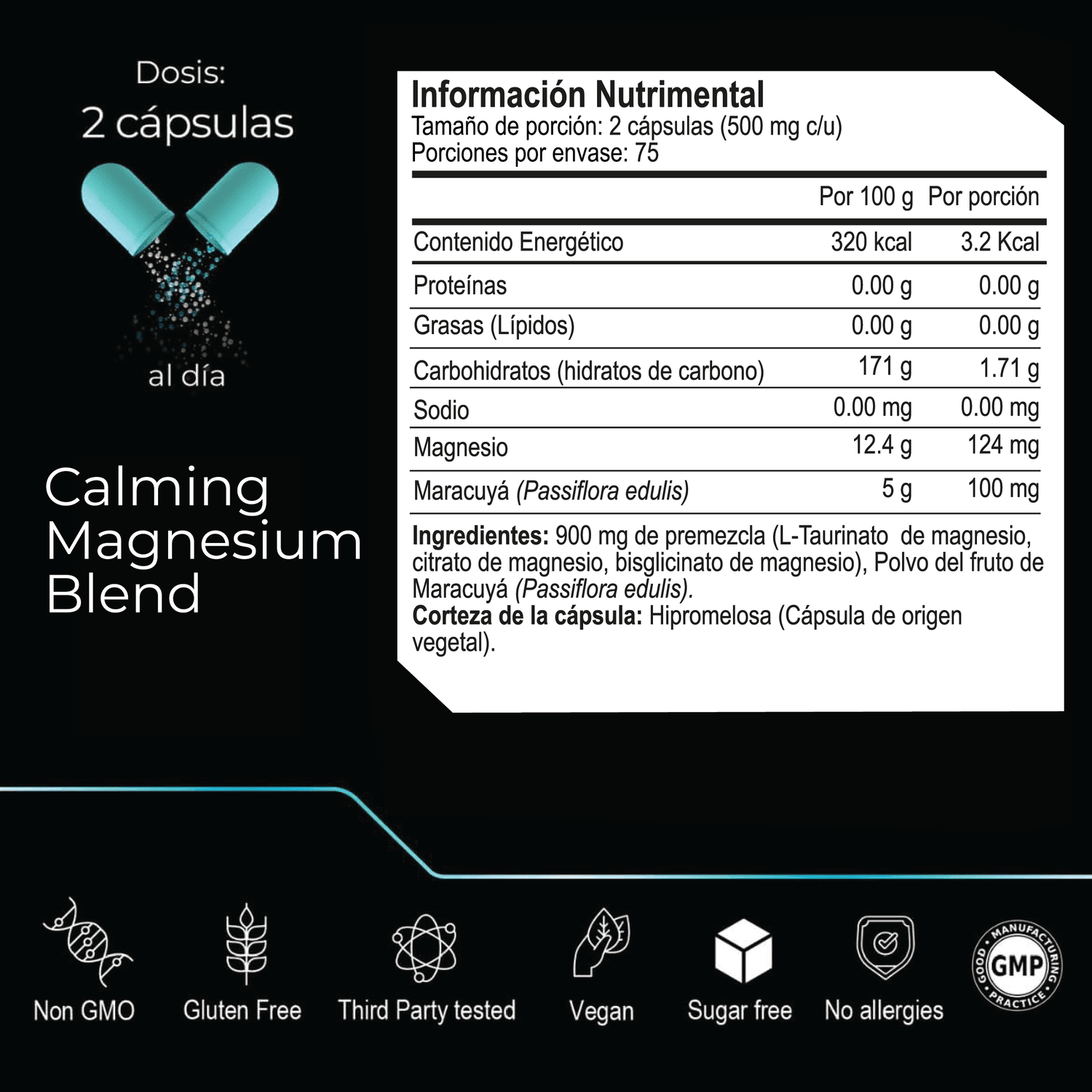 Calming Blend: Magnesio Quelado 3 en 1, Bisglicinato, Citrato y L-Taurinato de Magnesio, 150 Cápsulas — imagen 7