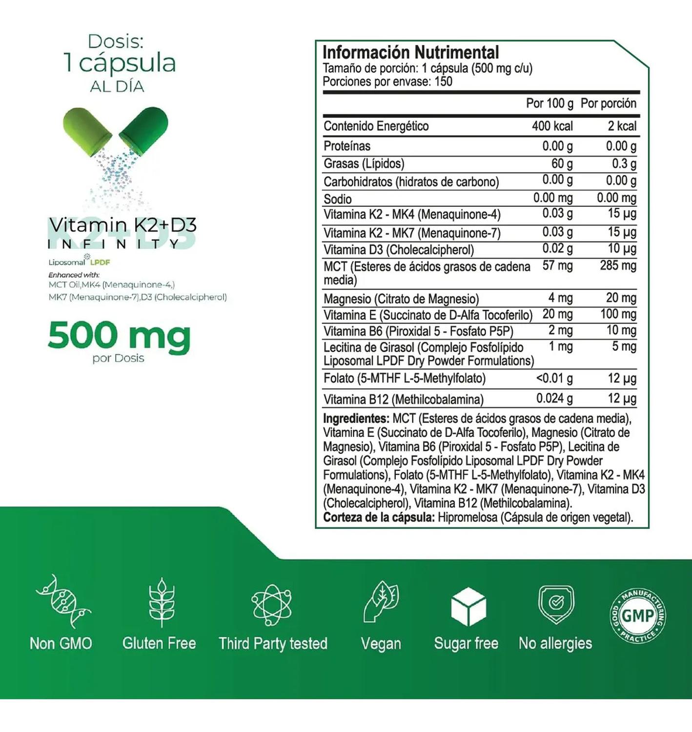 Infinity: Vitamina D3 + K2 Liposomal, K2 MK4+MK7 + D3 + MCT + Folato, para Salud Ósea, 150 Cápsulas — imagen 3