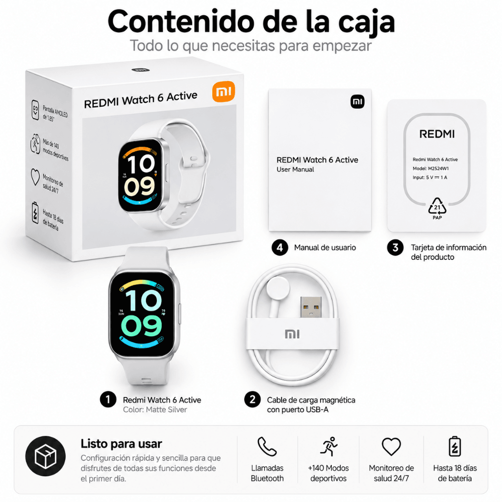 SMARTWATCH XIAOMI REDMI WATCH 6 ACTIVE (PLATA) + BOCINA SANAG M15 (BEIGE) + AUDIFONOS HH MORE T-55 (PLATA) — imagen 6