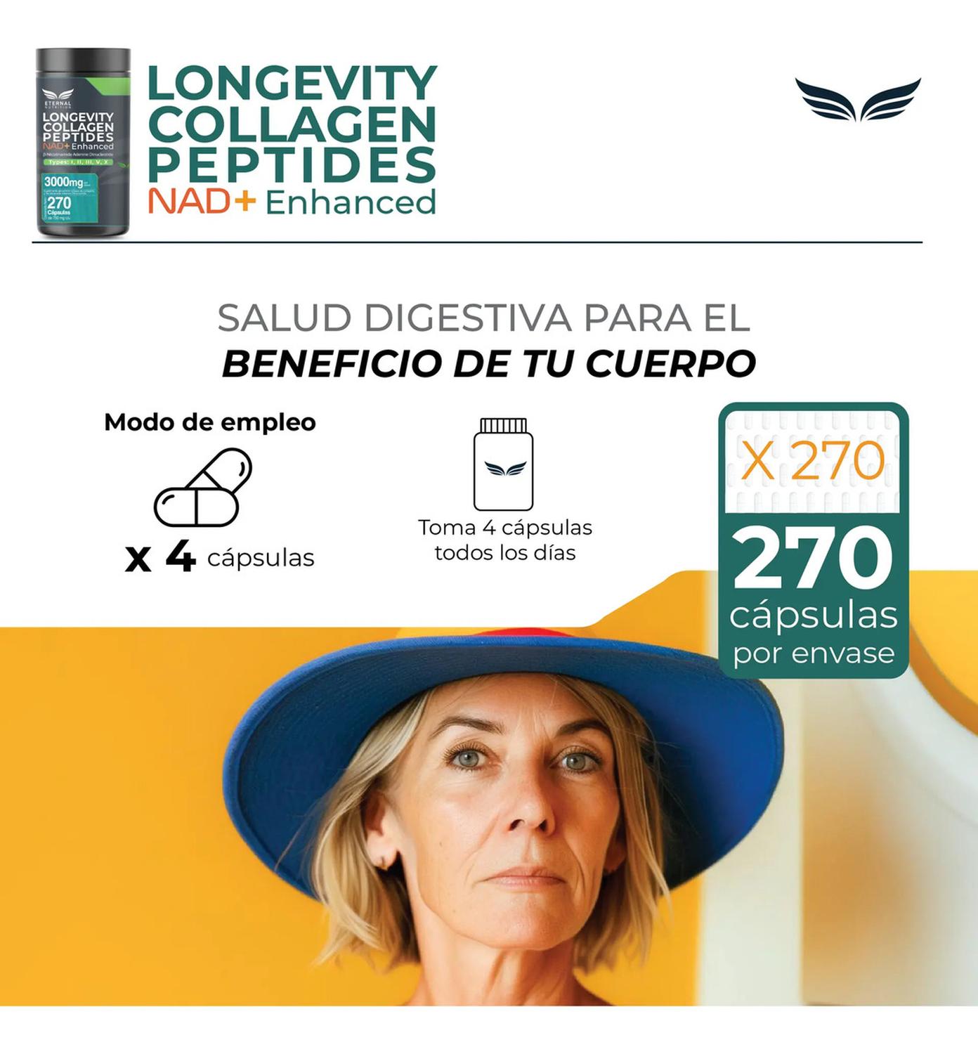 Longevity: Colágeno Hidrolizado + NAD+, Péptidos Tipos I, II, III, V y X, 270 Cápsulas — imagen 7