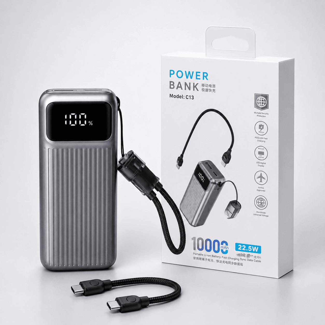 Power Bank C13 10,000mAh 22.5W Carga Rápida con Cables Integrados y Pantalla Digital — imagen 4