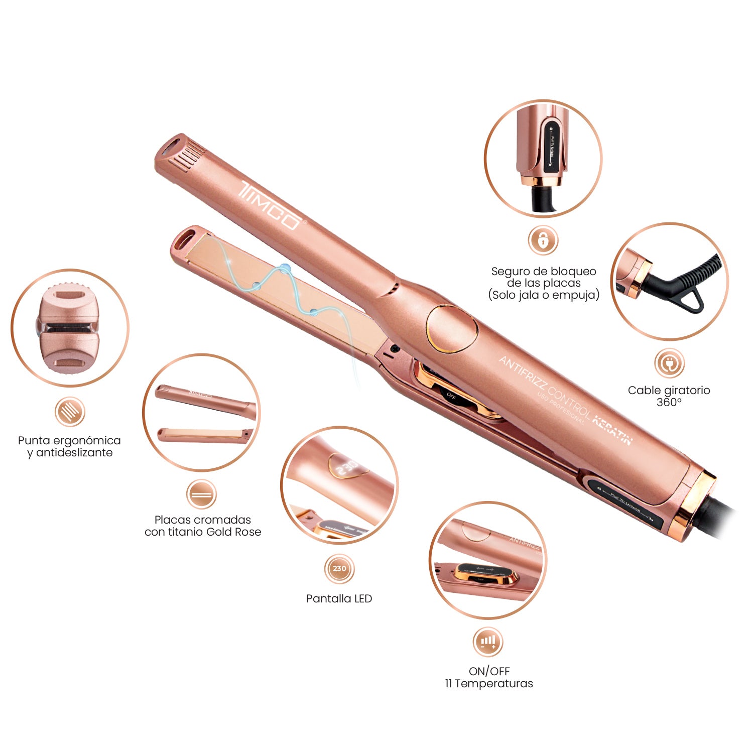 Plancha Alaciadora de Cabello Corto Placas Titanio 15 mm Antifrizz Control Keratin Timco P1098 — imagen 6