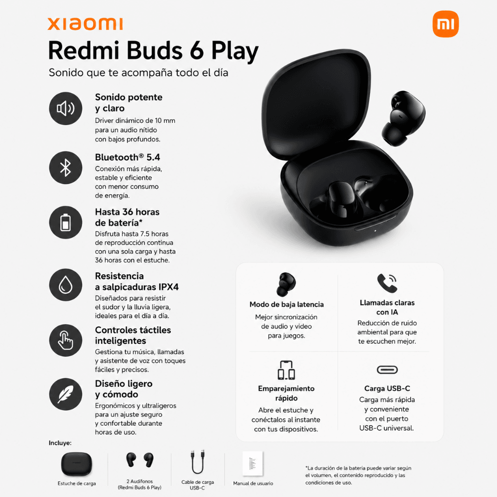 AUDIFONOS REDMI BUDS 6 PLAY (NEGRO) + SMARTWATCH MICROWEAR WATCH S11 — imagen 5