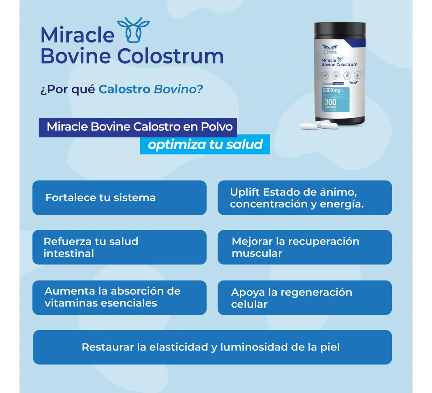 Miracle: Calostro Bovino 50% IgG, Inmunoglobulinas y Factores de Crecimiento, 300 Cápsulas — imagen 3