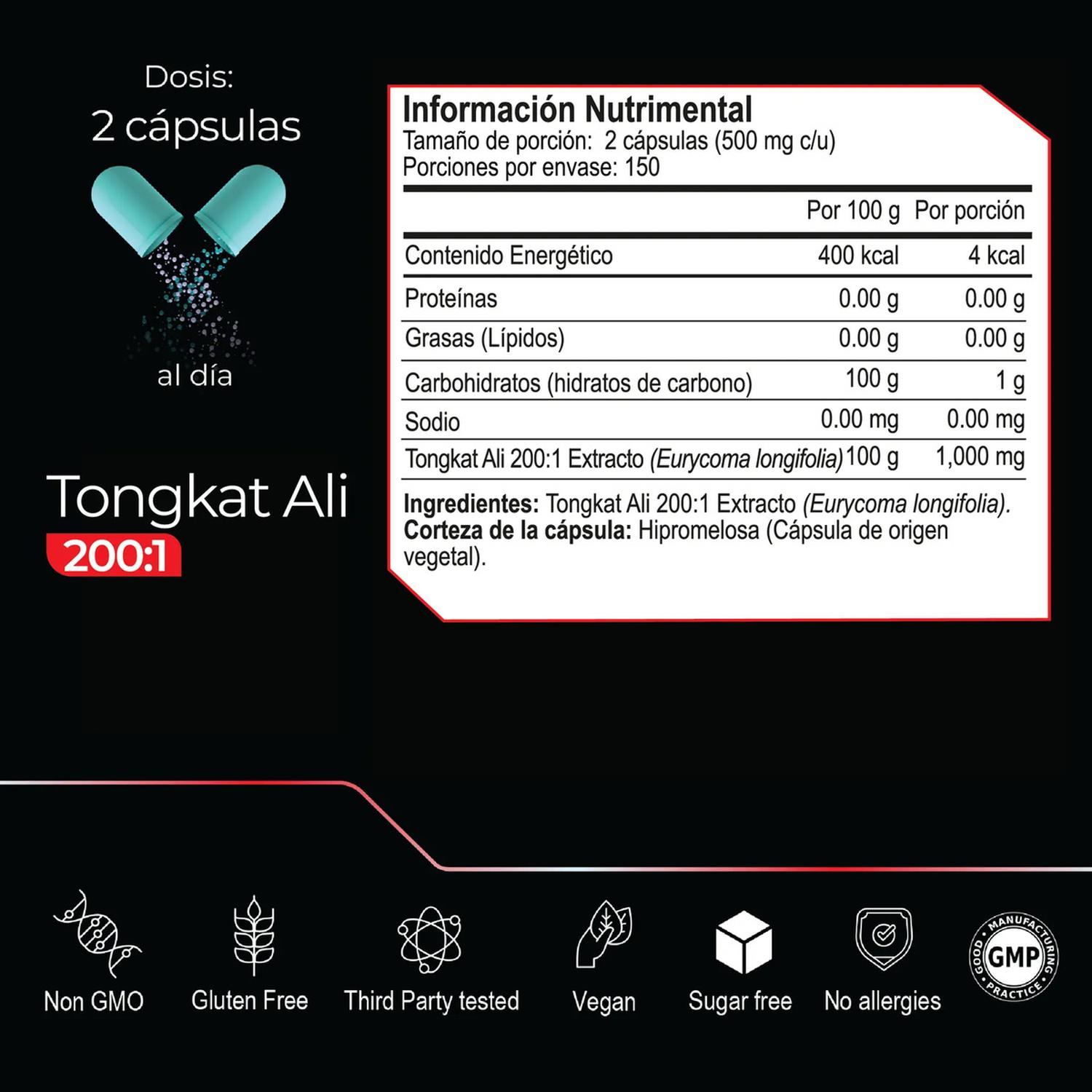 Ultra Pure: Tongkat Ali 200:1 Men's Testo, Extracto Concentrado, Vitalidad Masculina, 300 Cápsulas — imagen 6