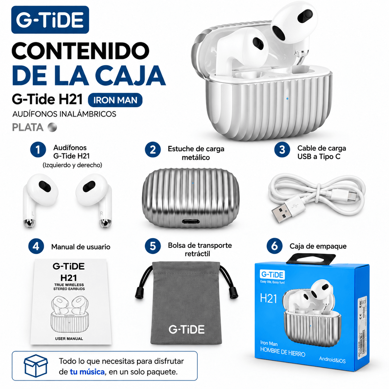SMARTWACTH G-TIDE R6 PRO (GRIS) + BOCINA SOUND POCKET (AZUL) + AUDIFONOS G-TIDE H21 (PLATA) — imagen 8