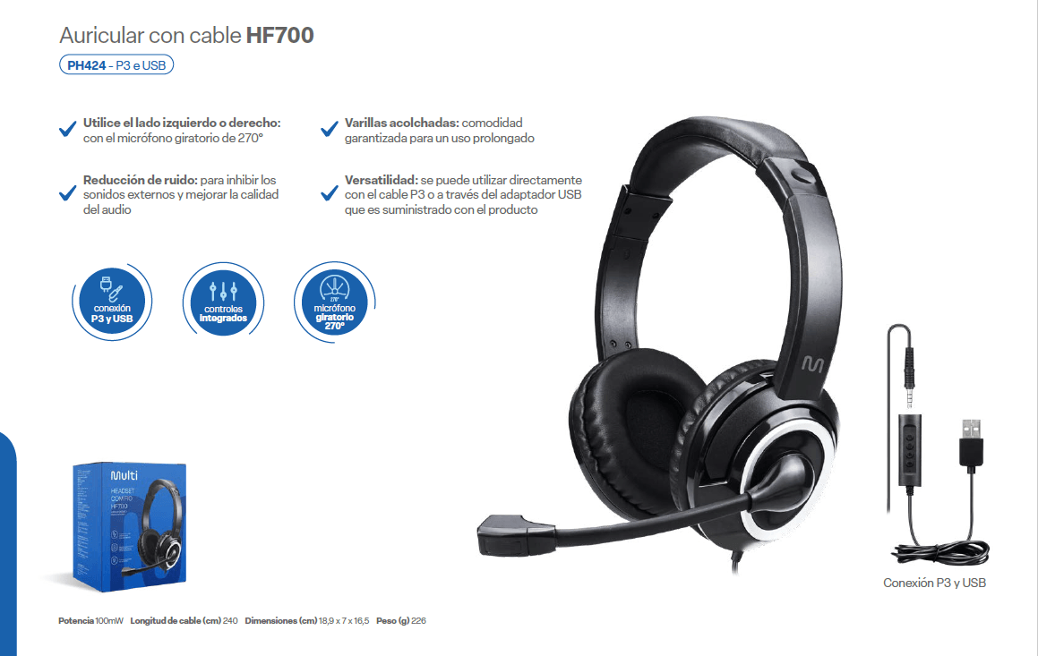 Audífono Alámbrico On-ear Multi COM FIO HF700 P3/USB: con Micrófono — imagen 7