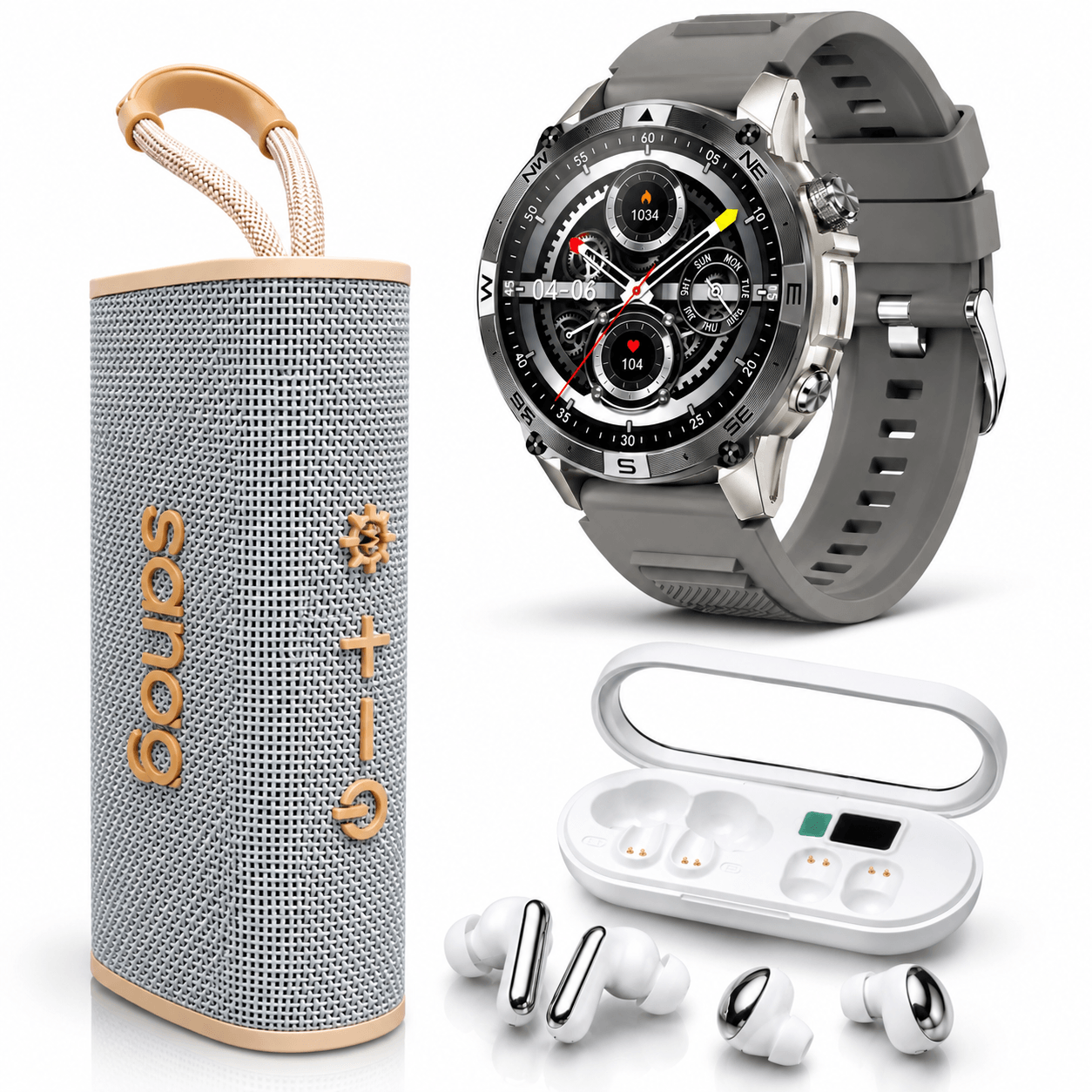 SMARTWACTH G-TIDE R6 PRO (GRIS) + BOCINA SANAG M15 (BEIGE) + AUDIFONOS HH MORE T-55 (PLATA) — imagen 2