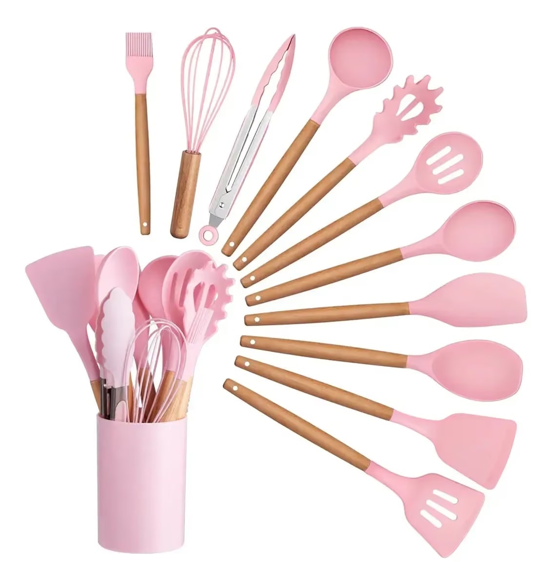 Set de Utensilios de Cocina de Silicón con Mango de Madera y Organizador — imagen 5
