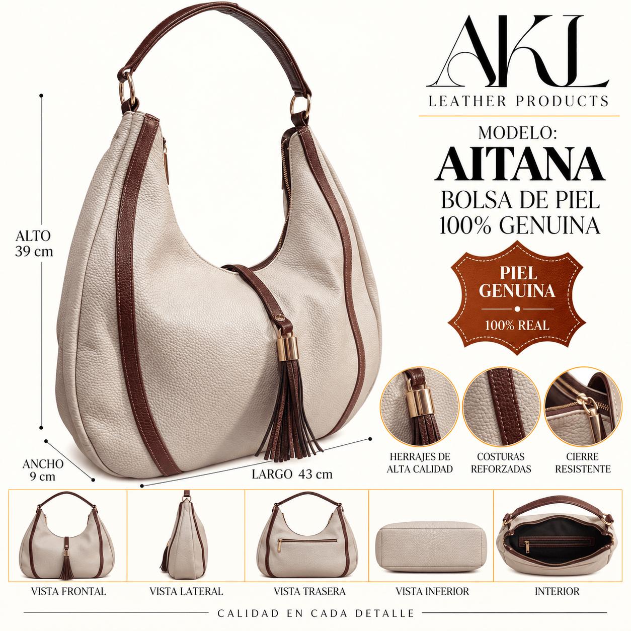 Bolso Grande De Piel Legitima Ternera Original Suave Negro Aitana — imagen 2