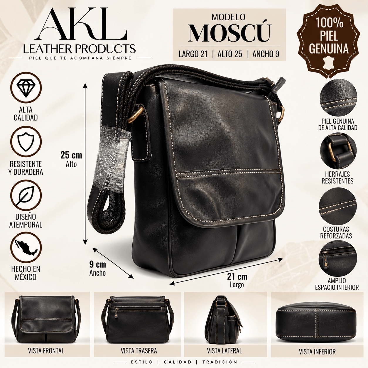 Mariconera Moscú Piel Legitima Glasé Combinado Miel — imagen 2