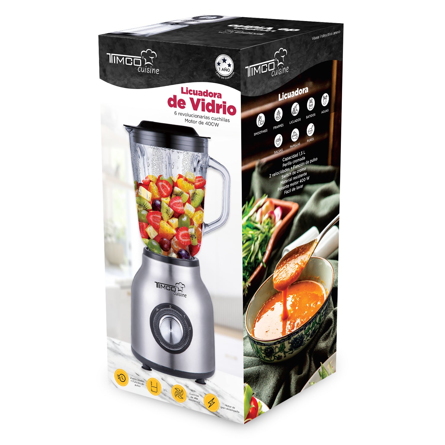 Licuadora Vaso de Vidrio 1.5 L 2 Velocidades Pica Hielo Acero Inoxidable Timco LICX921 — imagen 4