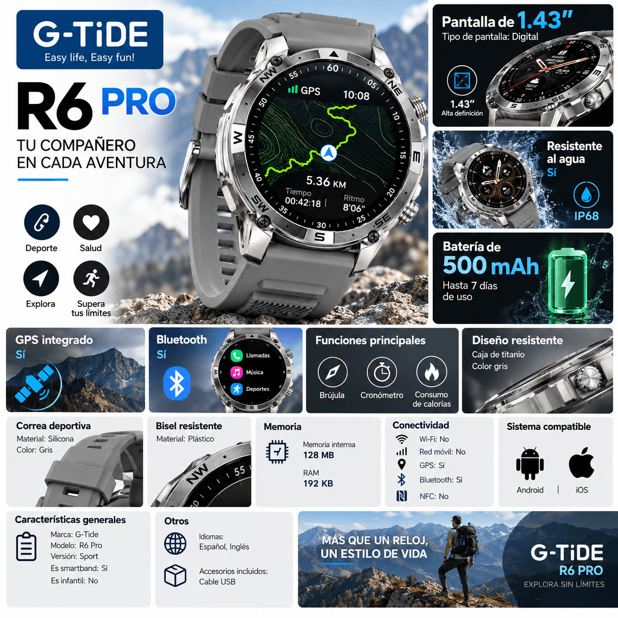 SMARTWACTH G-TIDE R6 PRO (GRIS) + BOCINA SOUND POCKET (AZUL) + AUDIFONOS G-TIDE H21 (PLATA) — imagen 3
