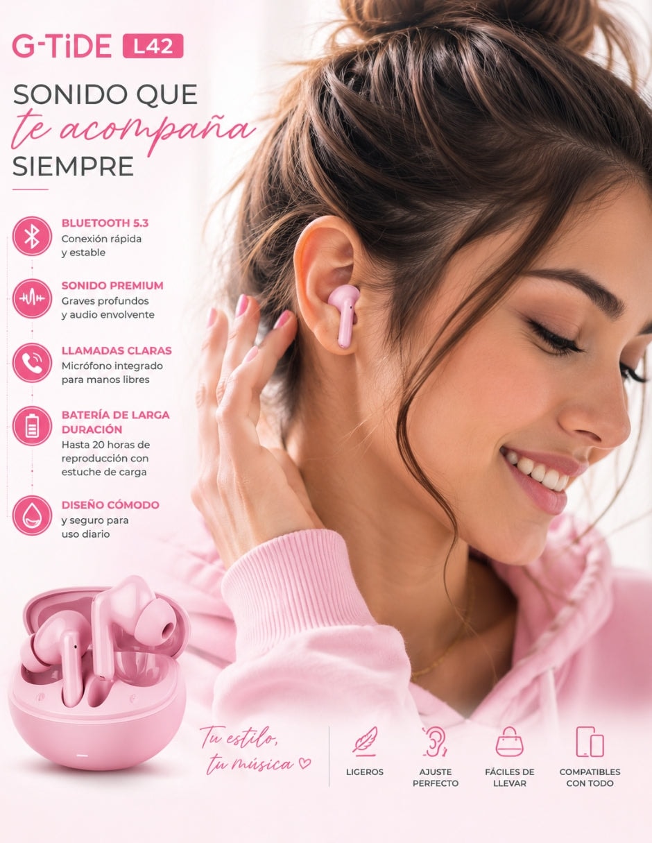 Set Audífonos In-Ear audífonos l42 rosa con smartwatch futurem fm13 rosa inalámbrica con cancelación de ruido — imagen 4