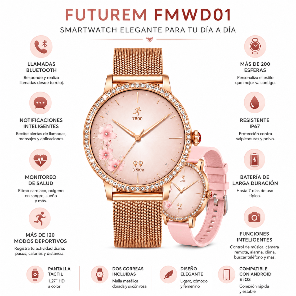 SMARTWATCH FUTUREM DW01 (DORADO) + AUDIFONOS G-TIDE OWS 8 (ROSA) — imagen 5