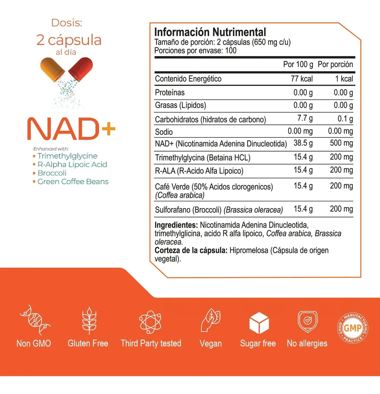 Essentials: NAD+ Puro con TMG y Ácido Alfa Lipoico, Trimetilglicina + NMN + NR, 200 Cápsulas — imagen 3