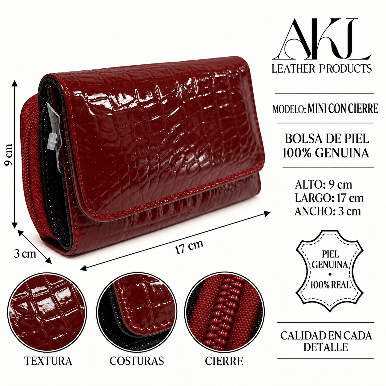 Cartera Para Dama De Charol Roja Grabado Tipo Cocodrilo mini con cierre — imagen 2