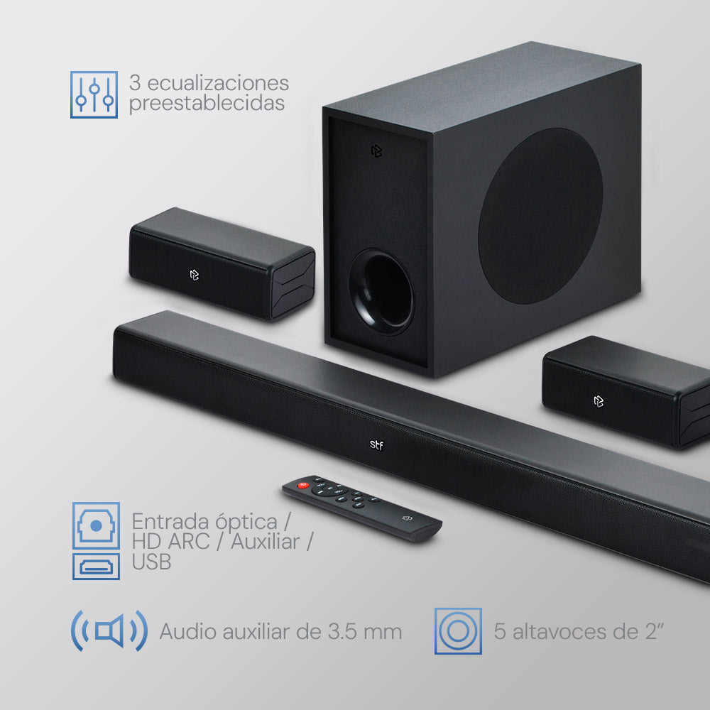 Barra de Sonido Home Audio 5.1 STF Subwoofer Alambrico 90W HDMI / OPTICO / 3.5mm AUX / USB — imagen 9