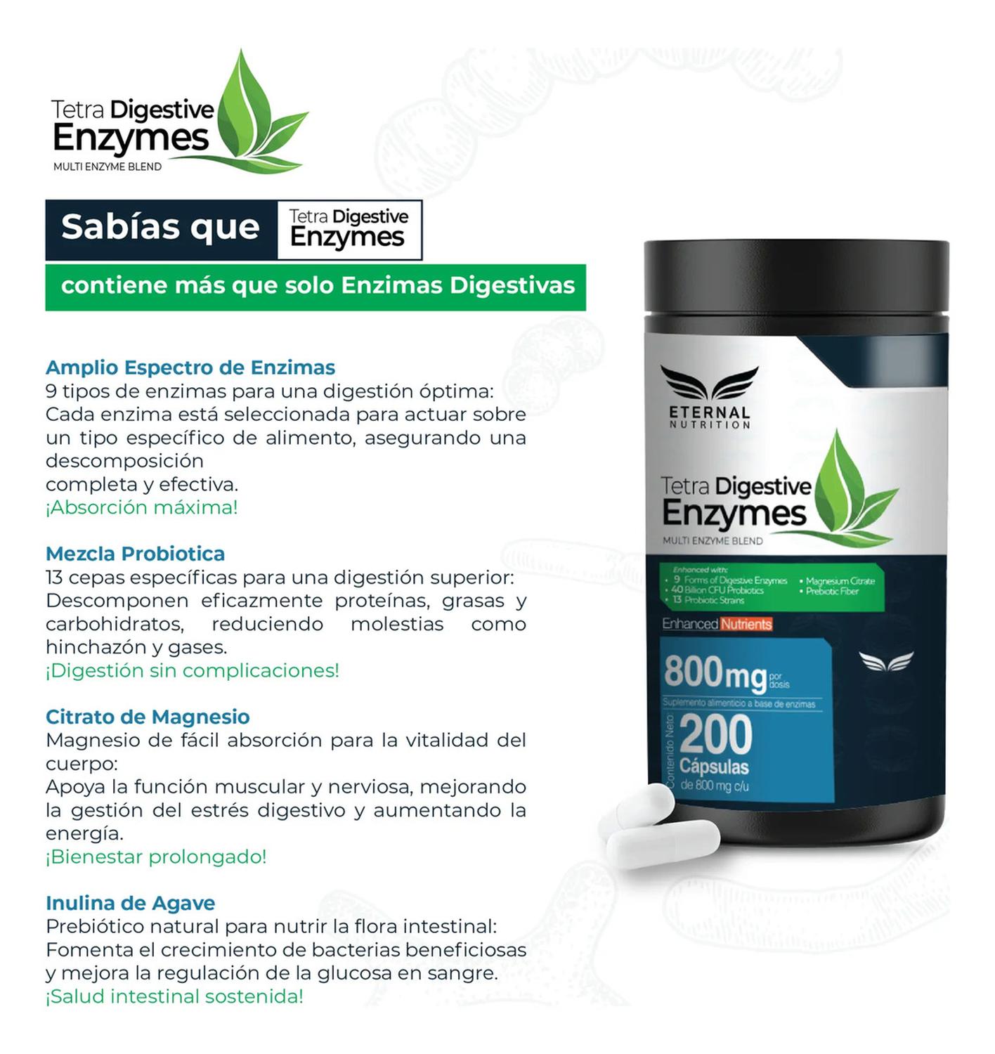 Tetra Enzimas Digestivas, 9 Enzimas + 13 Probióticos y Prebióticos + Magnesio, 200 Cápsulas — imagen 3