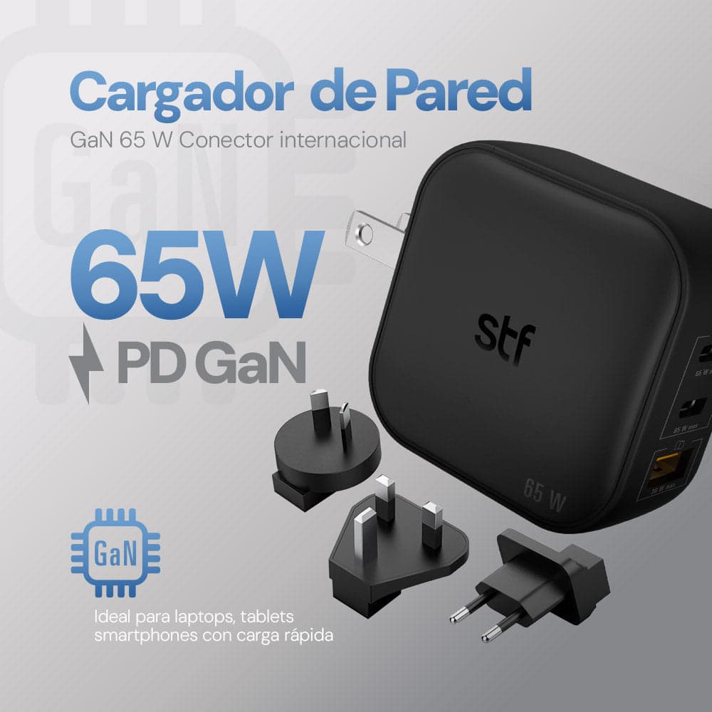 Cargador Pared GaN 65W 3 Salidas + Adaptadores UK/EU/AU Carga Ultra Rápida — imagen 5