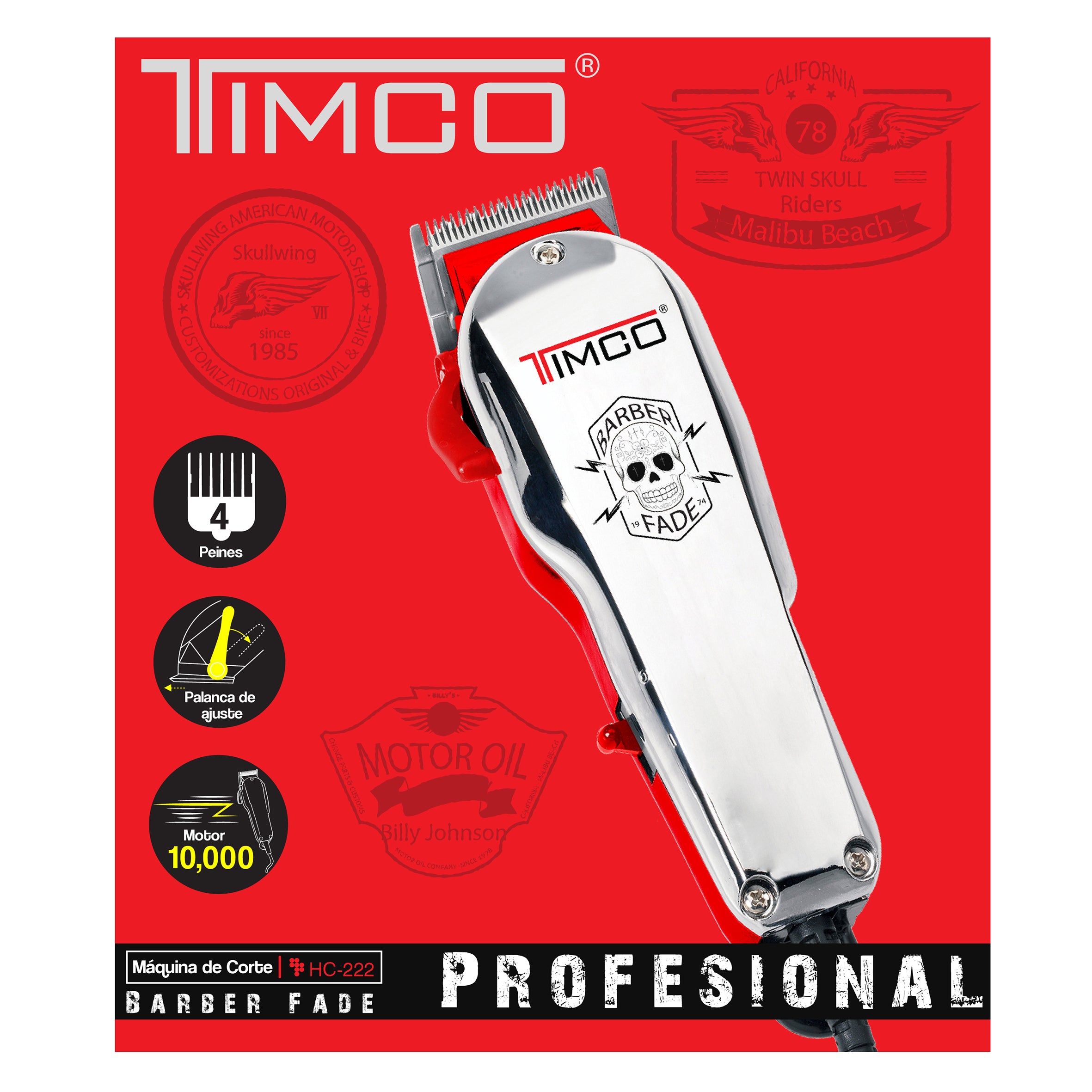 Maquina de Corte Cabello Barba Eléctrica Uso Profesional Clipper Motor Magnetico Peines Guia de Aumento Timco HC-222 — imagen 6