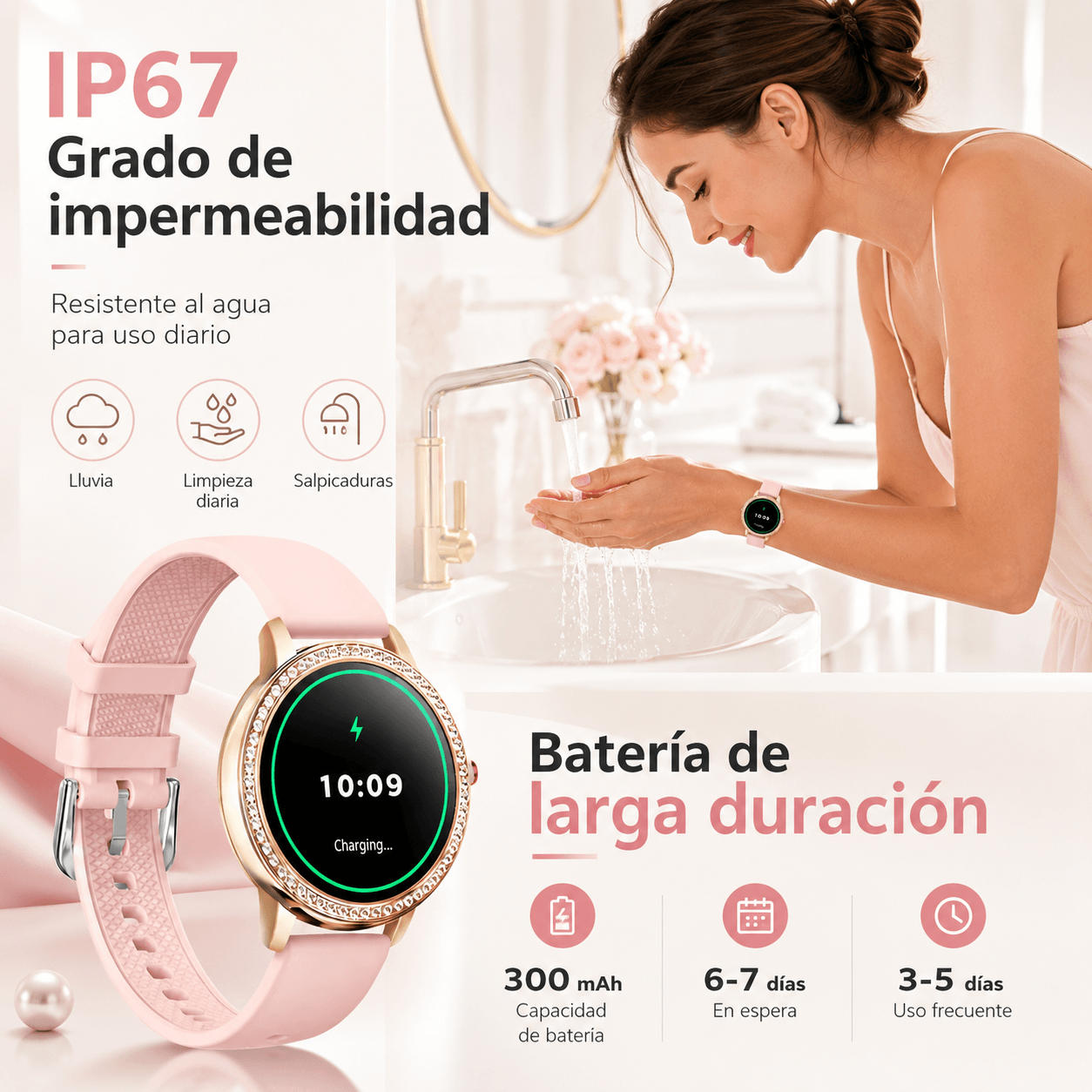 Smartwatch elegante para dama con diseño rosé, cristales brillantes y 2 correas incluidas — imagen 7