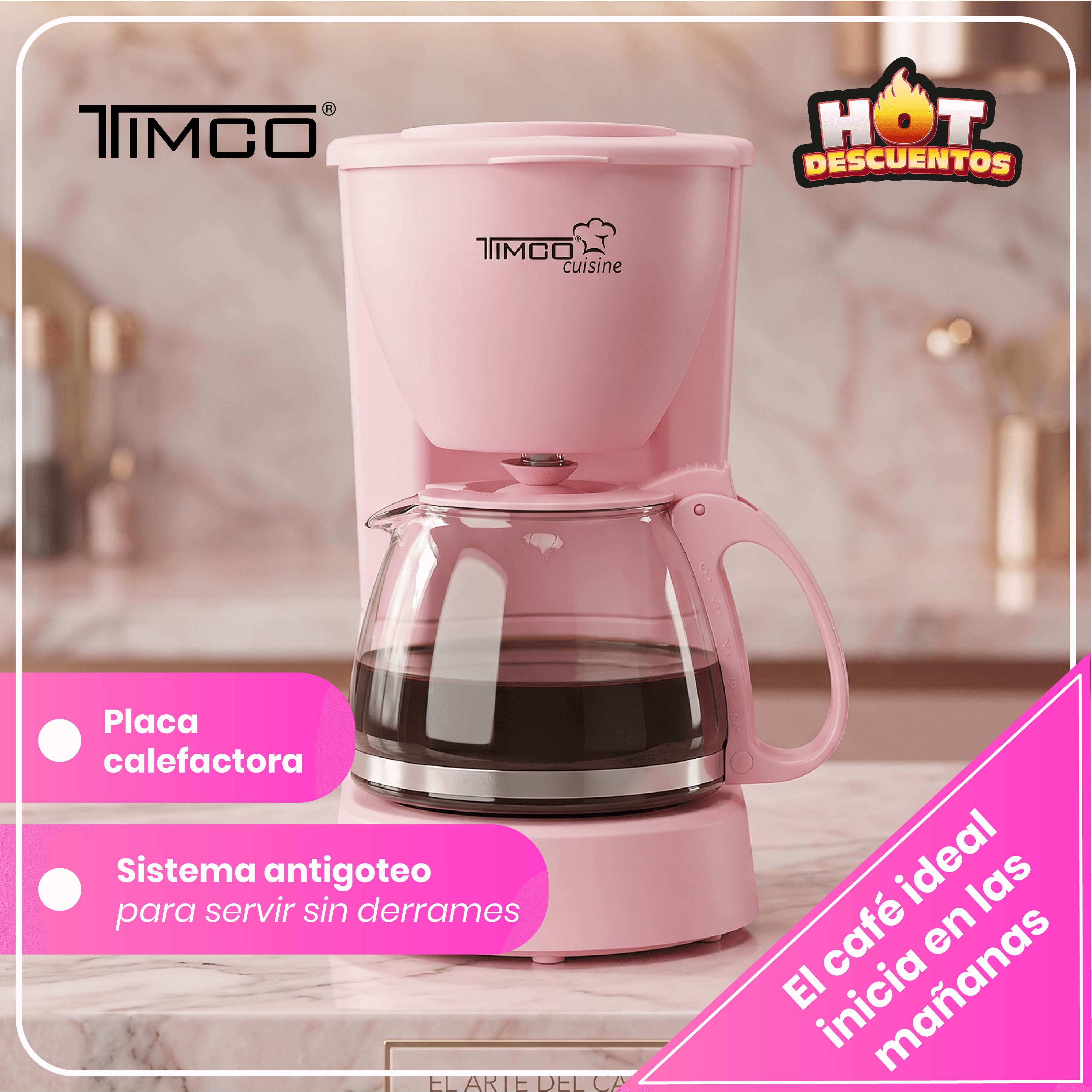 Cafetera Eléctrica Rosa 750 ml Filtro Permanente Antigoteo con Placa Calefactora CAFWJ9008 Timco — imagen 4
