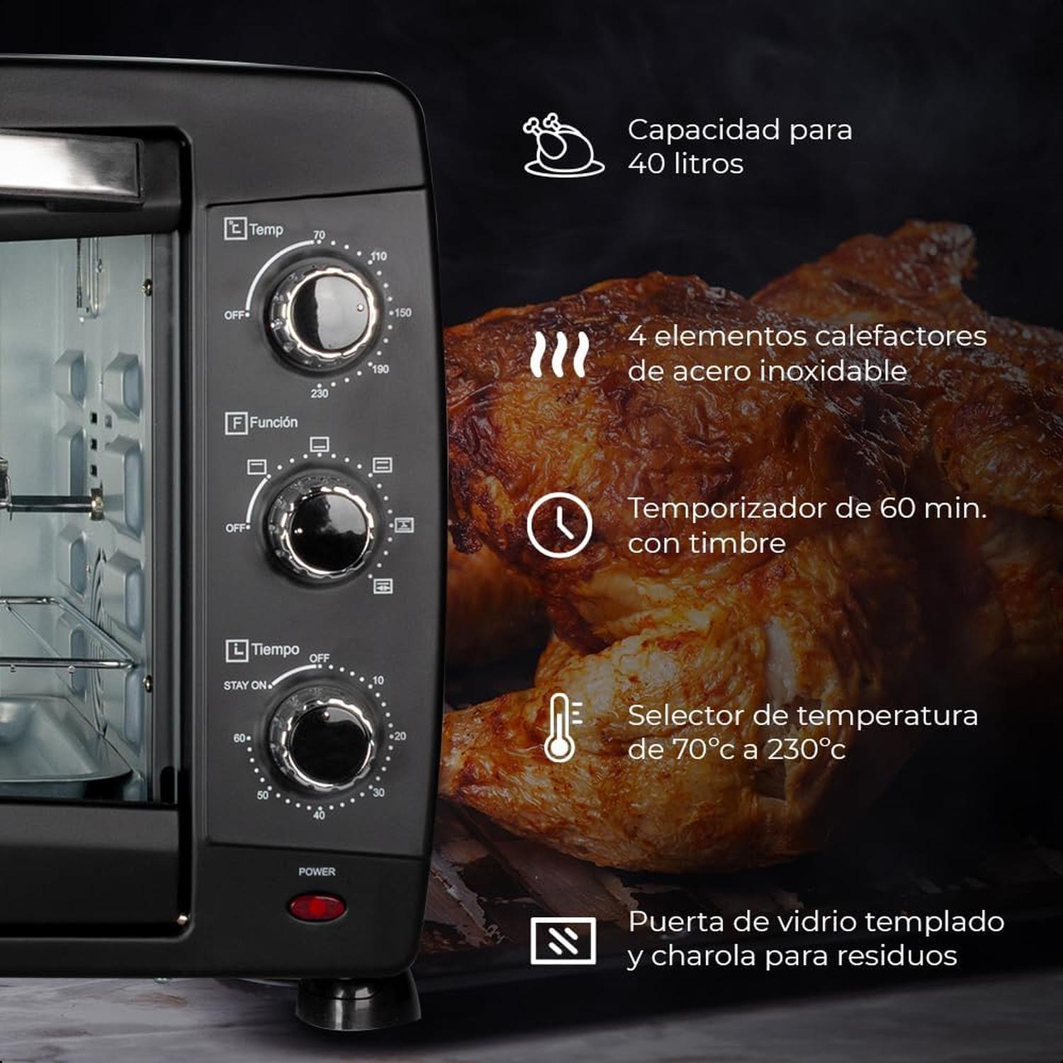 Horno Tostador Daewoo 40L DOT-1666 Negro Multifunción Conveccion y Asador Resistente — imagen 9