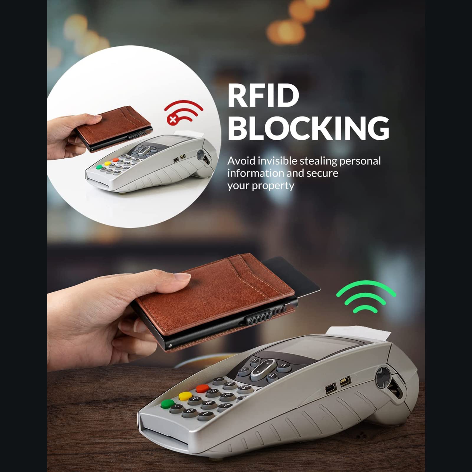 Tarjetero de Piel, Billetera Plegable con Bloqueo RFID, Billetera de Hombre con Monedero Billetera con Cierre Magnético para Dinero y Monedas, Marrón — imagen 6