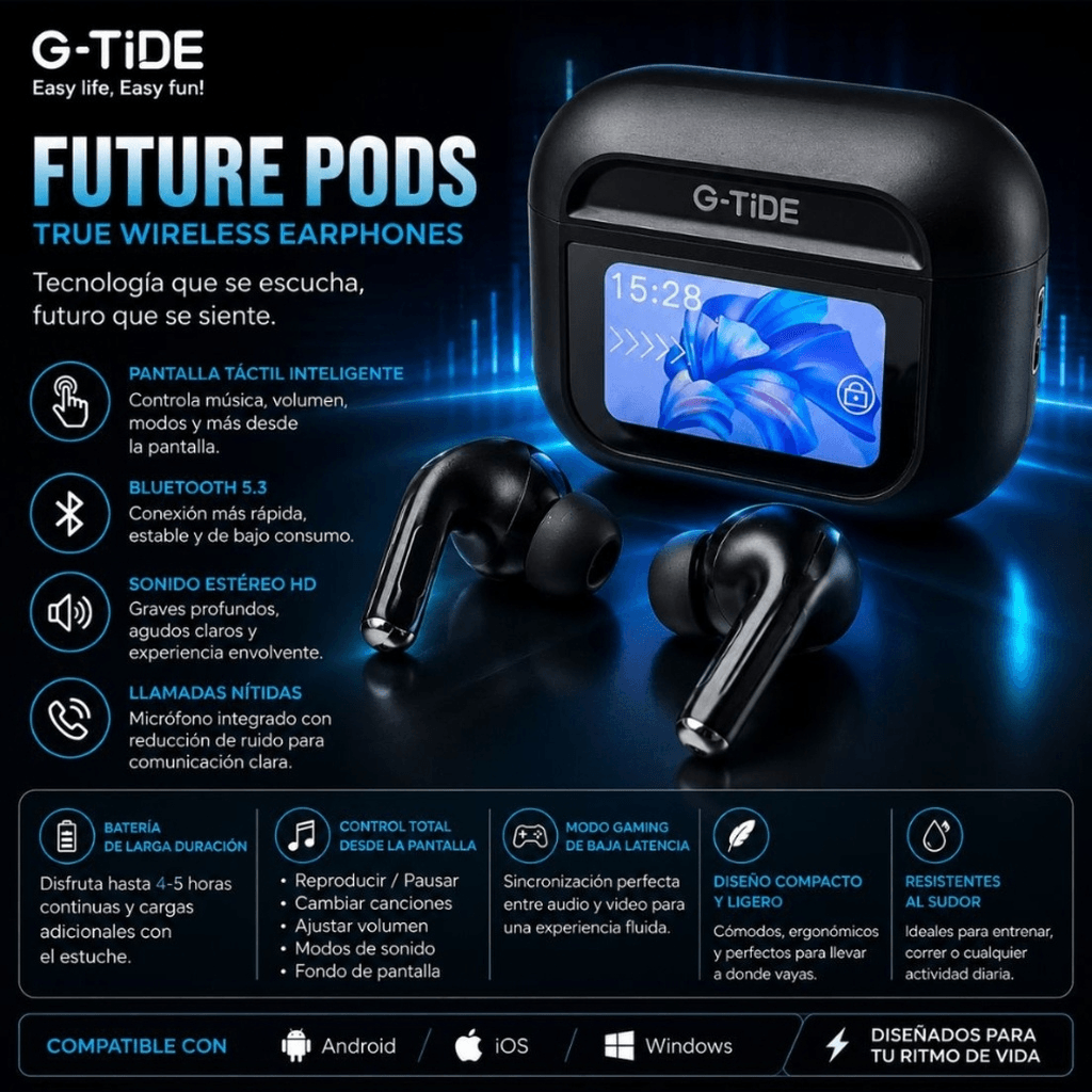 AUDIFONOS G-TIDE FUTURE POD (NEGRO) + SMARTWATCH MICROWEAR U5 — imagen 7