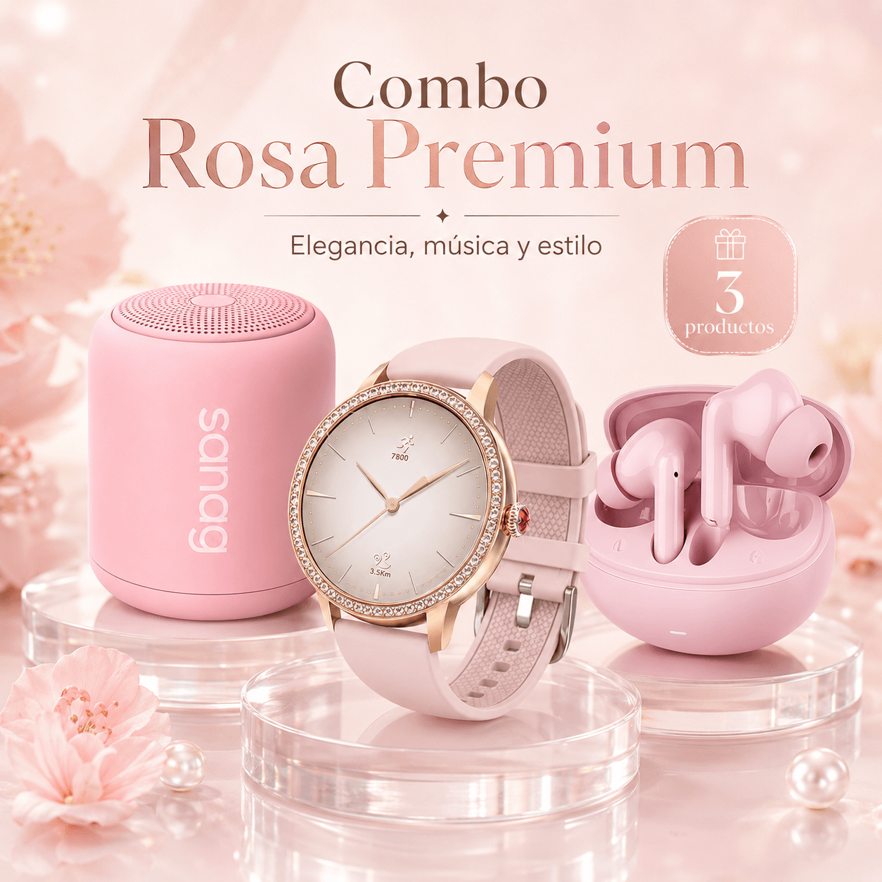 Combo Smartwatch Elegante para Dama Rosé + Audífonos G-Tide L42 Rosa + Bocina Bluetooth Sanag X6S — imagen 2