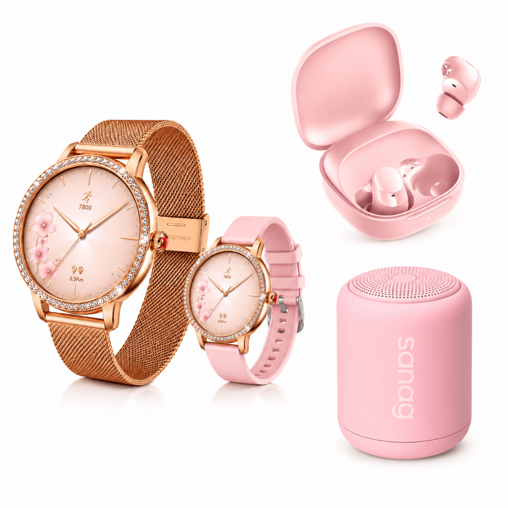 SMARTWATCH FUTUREM DW01 (DORADO) + AUDIFONOS REDMI BUDS 6 PLAY (ROSA) + BOCINA SANAG X6S (ROSA) — imagen 2
