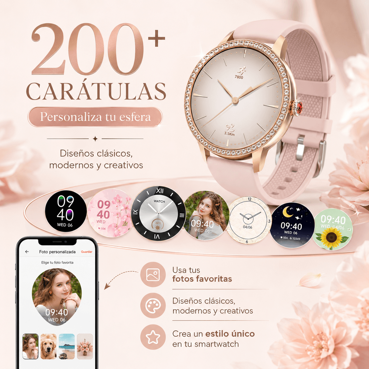 Smartwatch elegante para dama con diseño rosé, cristales brillantes y 2 correas incluidas — imagen 6
