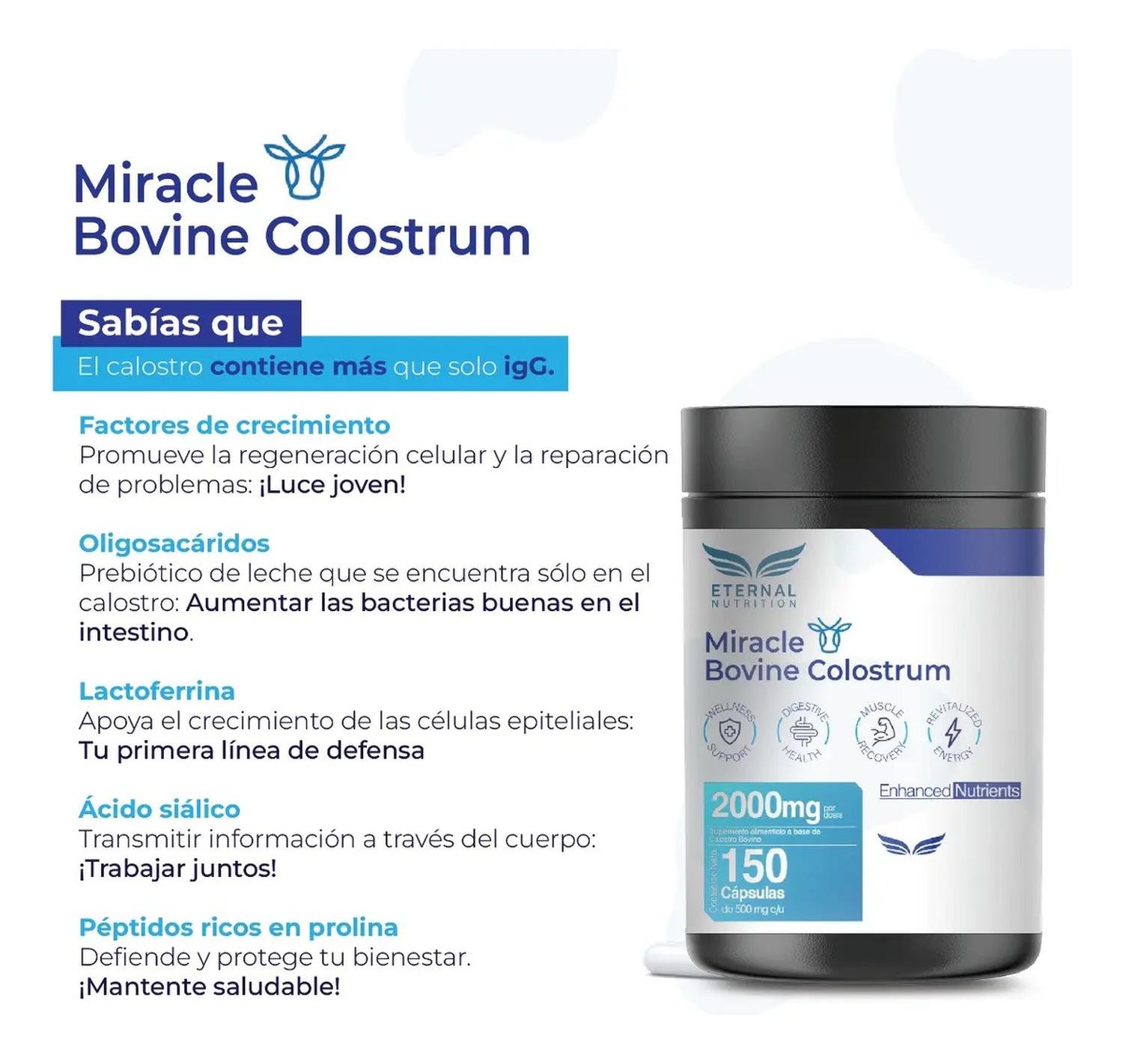 Miracle: Calostro Bovino 50% IgG, Inmunoglobulinas y Factores de Crecimiento, 150 Cápsulas — imagen 2