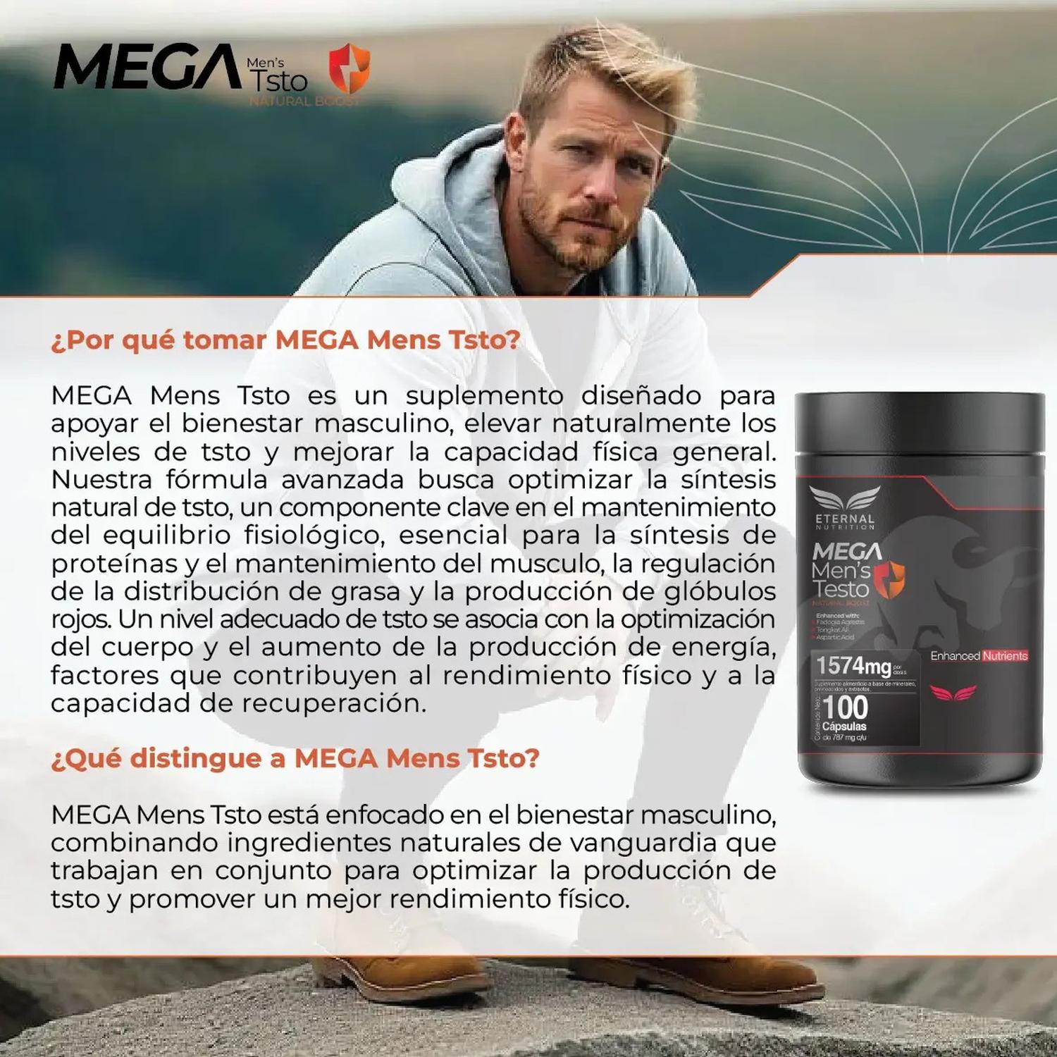 Mega Men's Testo: Tongkat Ali + Maca Negra + Creatina + Zinc + Fadogia, Fuerza+Energía, 100 Cápsulas — imagen 5