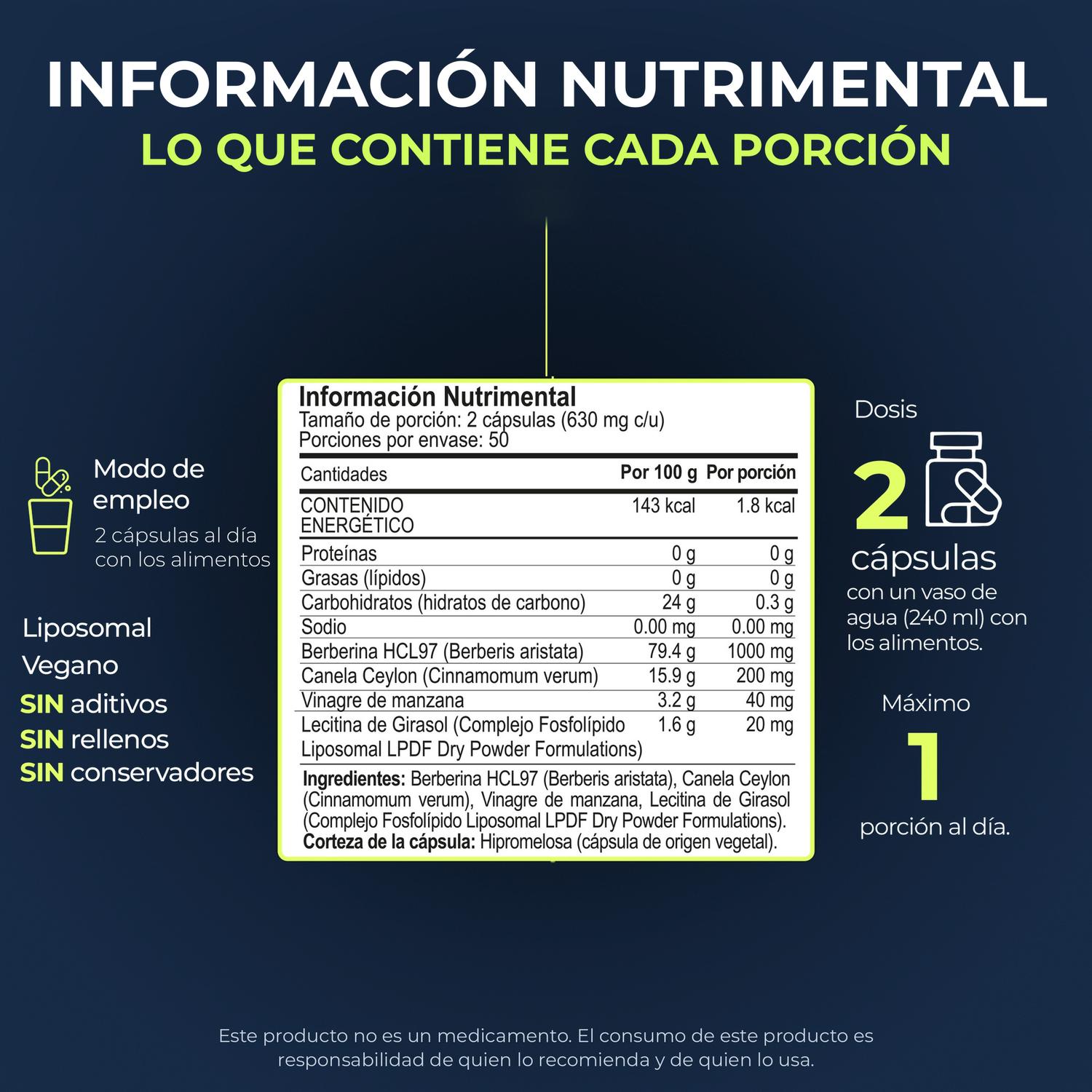 Berberina HCL97 Liposomal con Canela Ceylon y Vinagre de Manzana, 1,260 mg por Porción, 100 Cápsulas — imagen 9