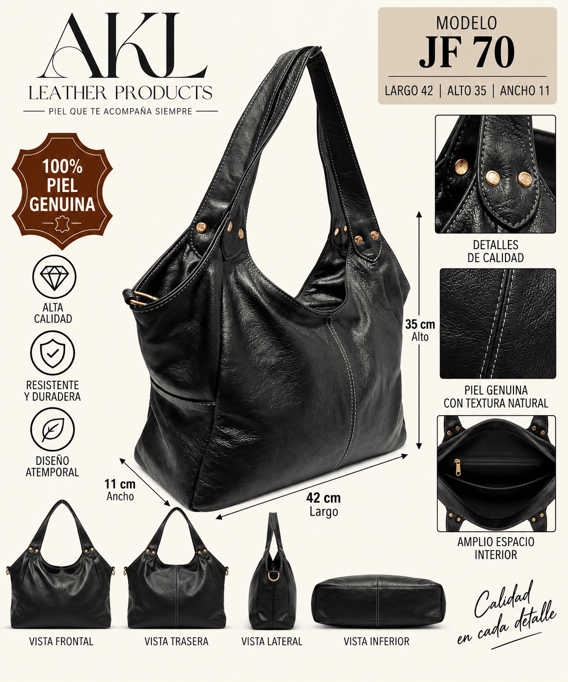 Bolsa De Piel Legitima Original Grande Tote De Hombro Jf70 — imagen 2