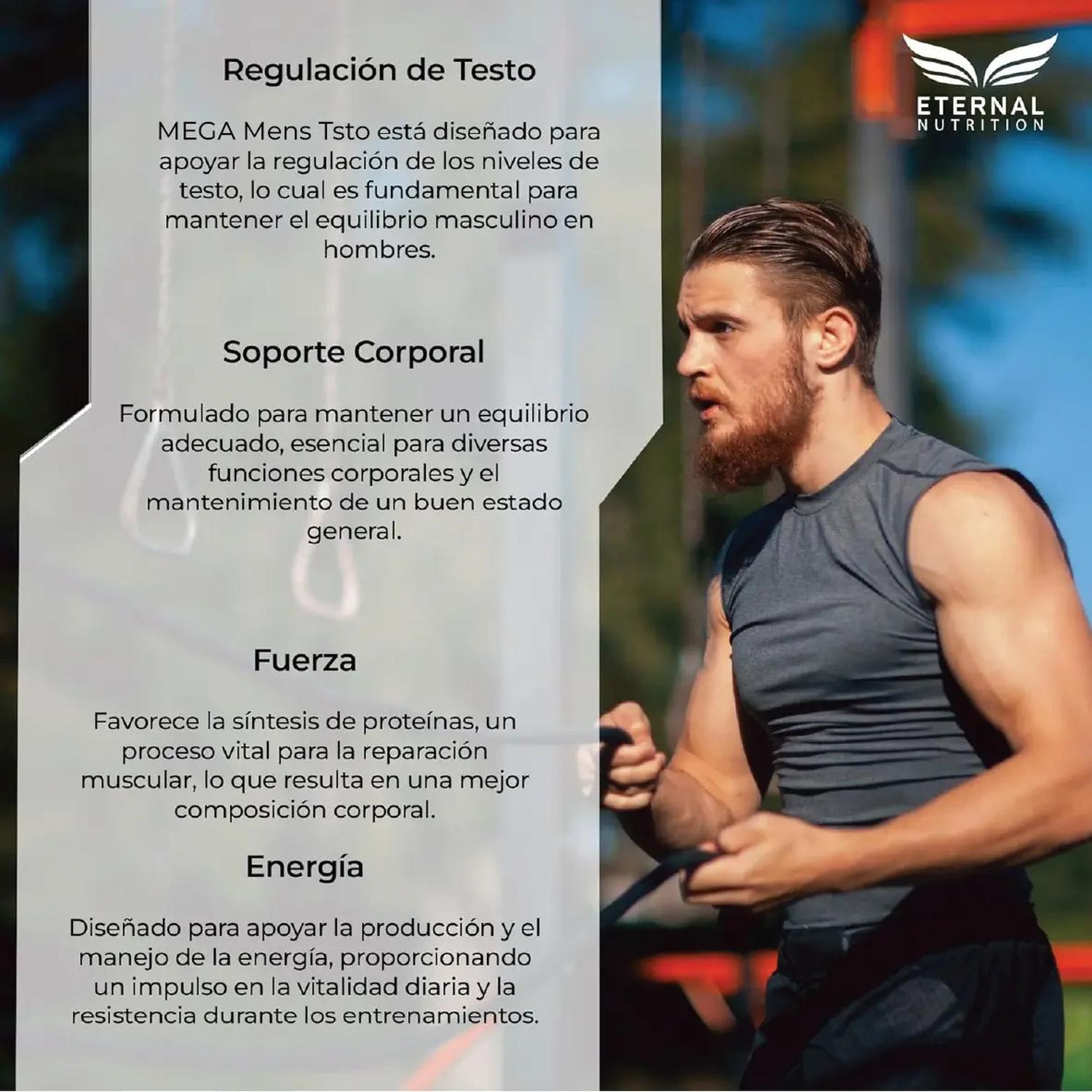 Mega Men's Testo: Tongkat Ali + Maca Negra + Creatina + Zinc + Fadogia, Fuerza+Energía, 100 Cápsulas — imagen 4